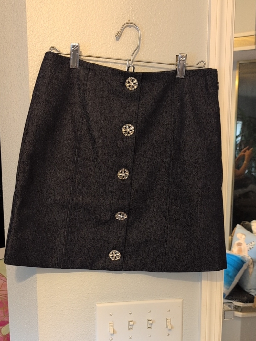 CeCe Black Mini Skirt with Statement Gem Buttons Brand New
